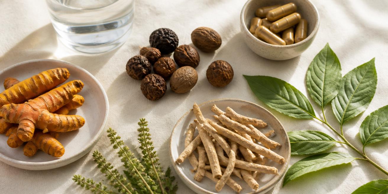 Ayurvedic botanicals including turmeric, triphala, and ashwagandha arranged with water and supplements